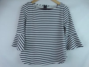 Green Envelope Womens Shirt Size Small White Black Striped 3/4 Ruffle Sleeve Top - Picture 1 of 7