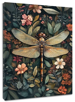 Dragonfly Flower Green Leaves Botanical Canvas Wall Art for Bathroom Living Room - Image 1 of 4