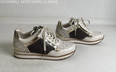 Women's Michael Kors Maddy Two-Tone Logo Trainer Vanil/Brown Sneakers, Size 6.5M - Image 1 of 4