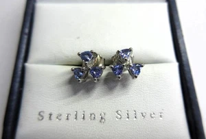 STERLING SILVER & TANZANITE Gemstone Stud Design EARRINGS - Picture 1 of 2
