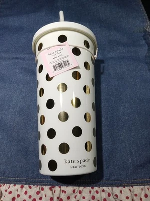 Vaso de viaje KATE SPADE pajita de lunares dorado y blanco 20 oz nuevo Foto 1 de 4