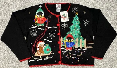 Suéter NutCracker Mujer Feo Navidad Abotonado Vintage Años 80 Pingüinos Grande Foto 1 de 4