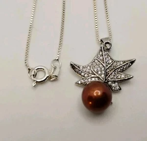 Chocolate Pearl Oak Leaf Acorn Sterling Silver Diamond Necklace 18 Box Chain 925 - Picture 1 of 5