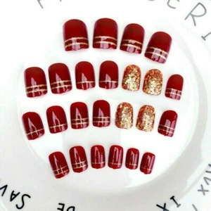 24PCS Fake Nail Tips Glitter Stickers Acrylic Full Finished False Nails Art - Picture 1 of 10