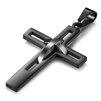 Men's Black Silver Double Hollow Cross Stainless Steel Pendant Necklace Gift - Image 1 of 4