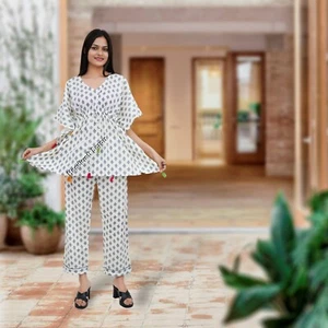 Hand Printed Caftan Pajama set Cotton Maternity Casual One Size Kaftan Maxi Dres - Picture 1 of 5