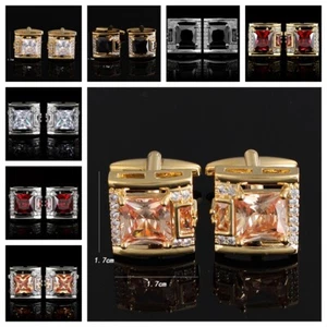 Men Shiny Square Rhinestone Cufflinks French Style Boxed Crystal Cuff Links - Picture 1 of 10