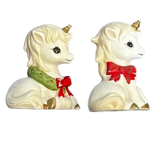 VTG Set Of 2 Sri Lanka 3” Christmas Unicorn Ceramic Pony Figurines - Picture 1 of 11