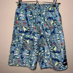 Nike Swimsuit Boys XL Swim Trunks Blue OCEAN T-Rex Sharks Dinosaurs Abstract - Picture 1 of 6