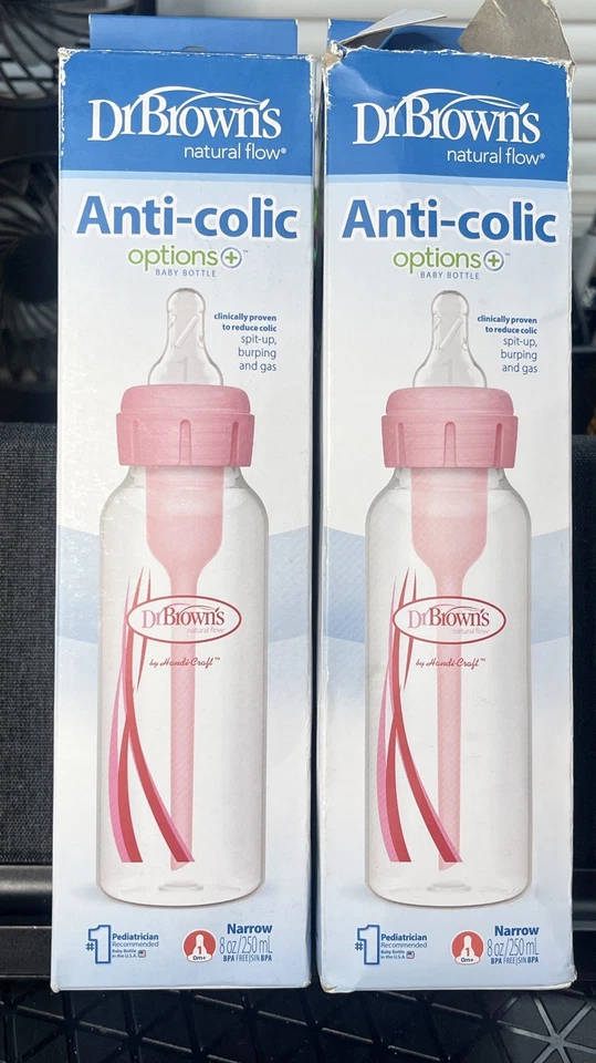 2- Dr. Brown's Natural Flow Options+ Anti-Colic Narrow 8 Oz. Pink Bottles - Image 1 of 4