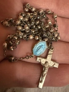 VTG CREED STERLING SILVER ROSARY BEADS BLUE ENAMEL MARY CENTER MEDAL - Picture 1 of 12