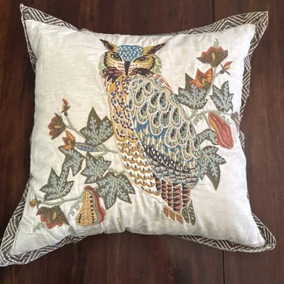 Pottery Barn Throw Pillow Owl Bird Embroidered Appliqué Feather Insert Cover - Image 1 of 4