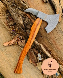 CUSTOM HAND FORGED DAMASCUS STEEL VIKING BEARDED CAMPING HATCHET TOMAHAWK AXE - Picture 1 of 3