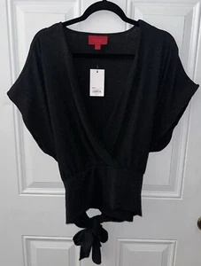 Jennifer Lopez Criss Cross Tie Waist Blouse Size Large Black Shirt Sleeve New - Picture 1 of 7