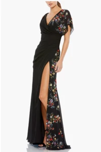 Mac Duggal Floral Beaded Flutter Sleeves Chiffon V Neck Faux Wrap Dress. Size 4 - Picture 1 of 8