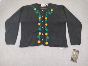 VTG Tally Ho Cardigan Sweater Womens Medium Black Pumpkin Floral Pockets 90s NWT - Picture 1 of 17