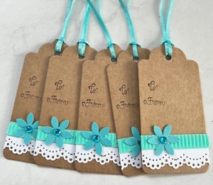 Set of 5 Handmade Gift Tags, Stamped, Teal~Blue flowers - Picture 1 of 2