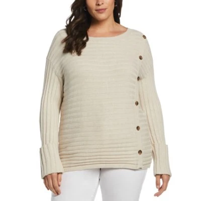 Suéter Ella Rafaella Para Mujer Talla Grande Acanalado Cuello Redondo Botón, Beige Talla-1X Foto 1 de 4