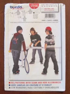 BURDA PATTERN - 9556 BOYS SWEATER TOP JUMPER HOODIE CONTRAST SLEEVE 10-16 UNCUT - Image 1 of 2