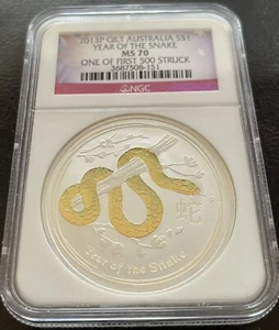 2013 P Australia Gilt Gilded Silver Year of the Snake NGC MS 70 1 oz Coin - Picture 1 of 1