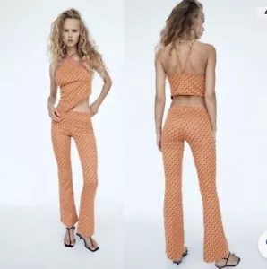 Zara Womens Orange & Pink Geometric High Rise Flared Jacquard Legging Pants Med - Picture 1 of 11