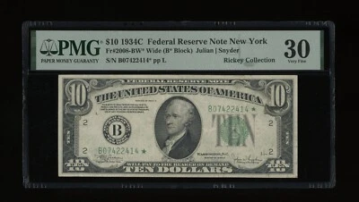 DBR 1934-C $10 FRN New York STAR Fr. 2008-Bw* Wide PMG 30 Serial B07422414* - Image 1 of 2