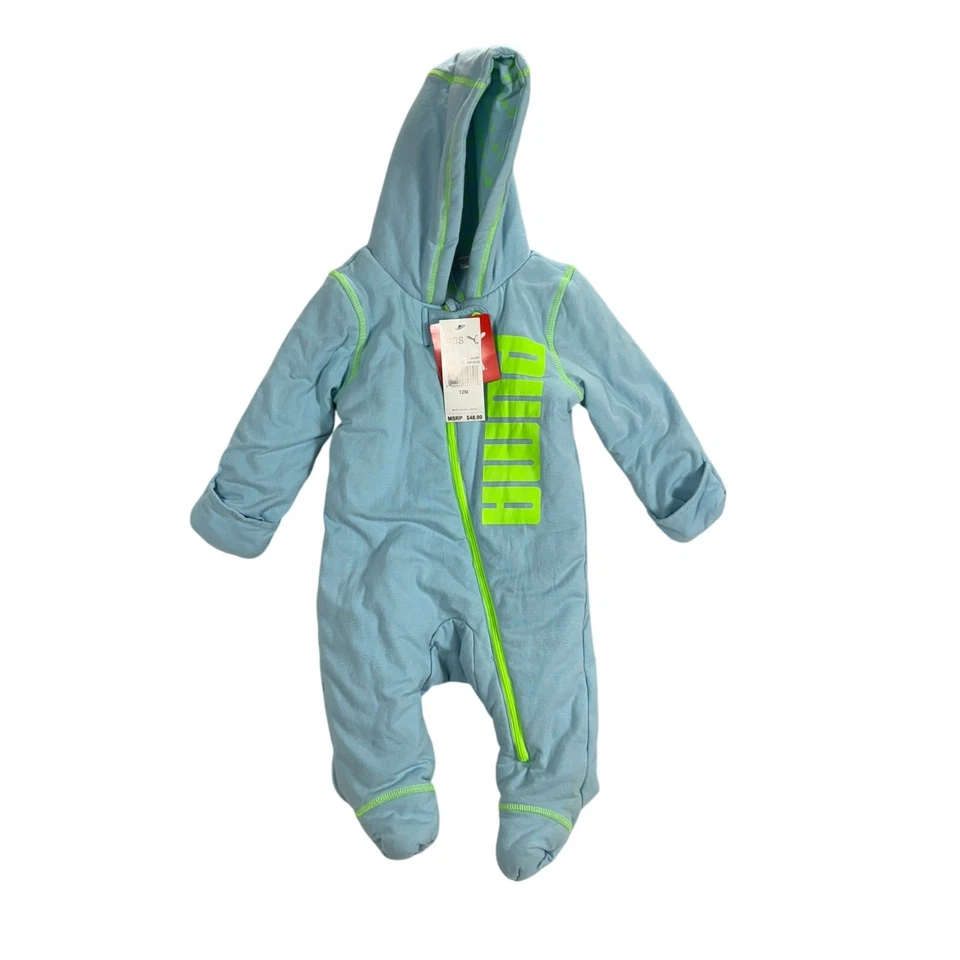 NUEVO Puma Bebé Algodón Traje de Nieve Bunting Dormir 12 Meses Azul Neón Cremallera Completa  Foto 1 de 4