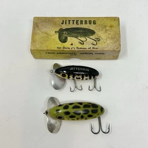 Vintage Fred Arbogast Jitterbug Barsch Angelköder schwarz gepunktet Metalllippe mit Box - Bild 1 von 12