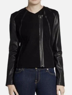 CHAQUETA MOTO MUJER USADA EN EXCELENTE ESTADO MEDIANA (busto 36”) VINCE CUERO TELA NEGRA Foto 1 de 4