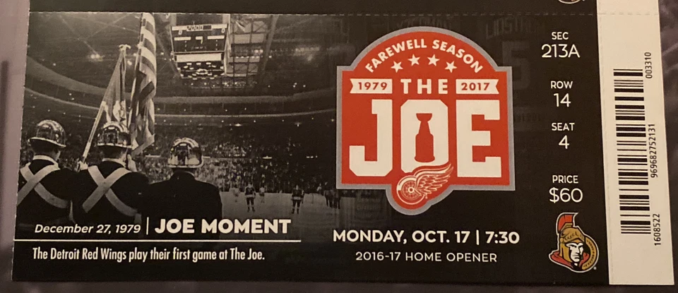 Boleto Red Wings 2016 último abridor en casa Joe Louis Arena Mike verde primer sombrero truco Foto 1 de 1