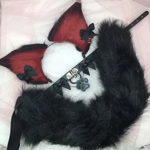 Burgunderrot schwarz Cosplay Kätzchen Katze Stirnband Ohren Schwanz Halsband Halsband Kostüm - Bild 1 von 2