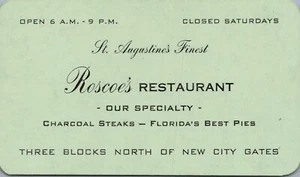 Vintage Roscoe's Restaurant St. Augustine Florida Advertising Business Card - Picture 1 of 2