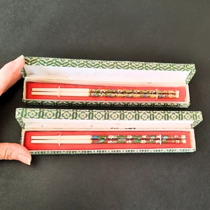 Vintage Chinese Cloisonné Enamel & Bone Chopsticks Batik Cloth Case, 2 PAIR SET - Picture 1 of 8