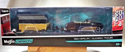 2018 Maisto Design Tow & Go 1950 MERCURY & ALAMEDA TRAILER Black-Gold 1:64 Scale - Image 1 of 4