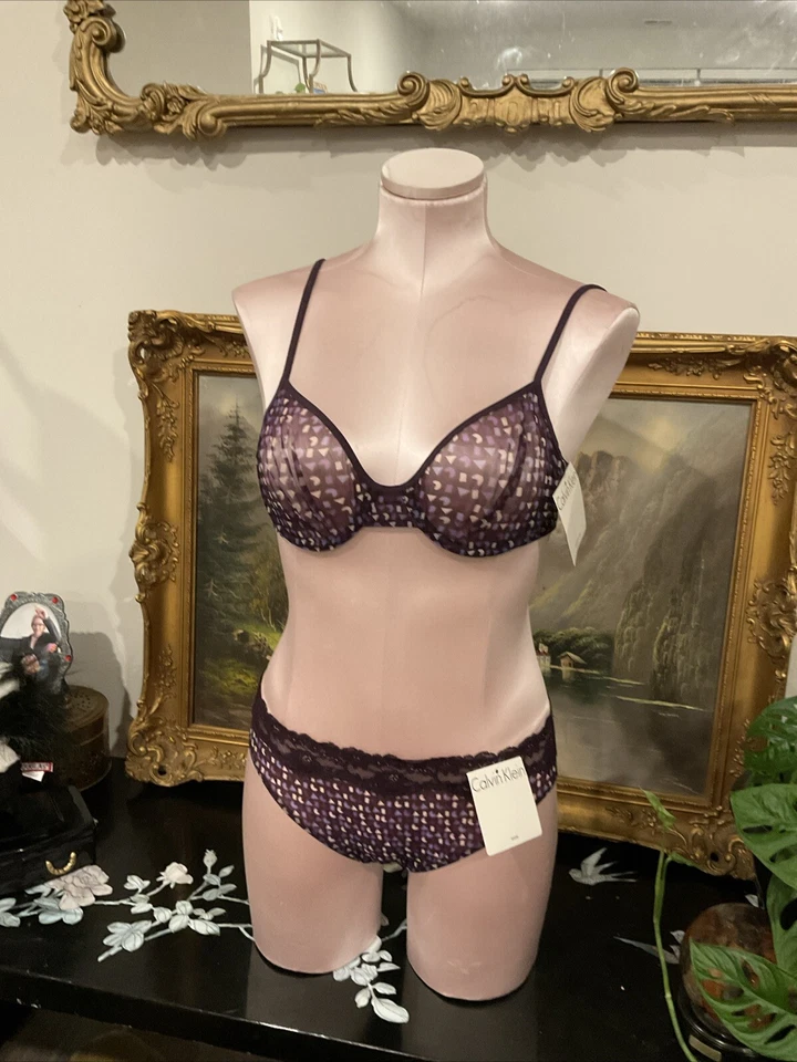 Conjunto de bragas/sujetador de bikini de malla métrica geográfica Calvin Klein de colección de los años 90 nuevo talla L/36B Foto 1 de 2