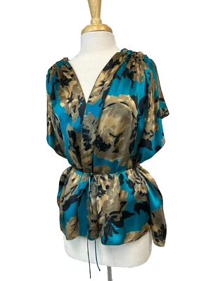 Top caftán con cinturón STELLA/MCCARTNEY seda verde azulado estampado topo cuello en V plisado talla 38/M Foto 1 de 4