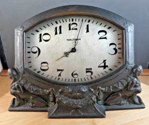 Antique Waltham Egyptian Revival Iron Mantel Clock Human Woman Sphinx Needs Work - Picture 1 of 20