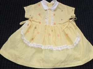 Vtg Little Girls Yellow Gingham Dress Orange Tan Clip Dots Ruffle Apron  Sz 3-4 - Picture 1 of 8