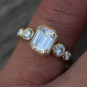 Art Deco Style Lab-Created Diamond Emerald Cut Wedding Ring 14k Yellow Gold FN - Picture 1 of 9