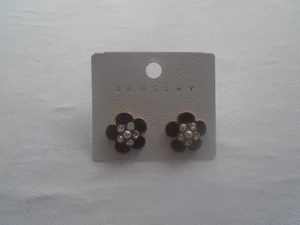 Flower Stud Earrings Black Enamel Petals Stones & Pearl Ball Centre New - Picture 1 of 1