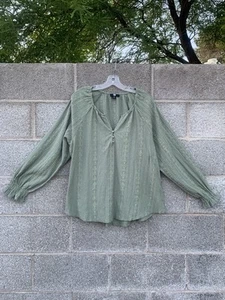 Frye Shirt Green Textured Peasant Boho Festival V-Neck Balloon Sleeve Rodeo 2XL - Picture 1 of 10