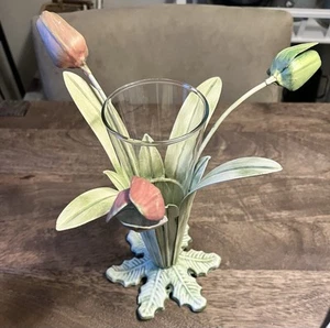 Vintage Painted Metal Spring Tulip Vase Cast Metal Base Removable Glass Insert - Picture 1 of 9