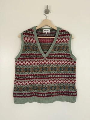 Brora Sweater Vest Size Uk 14 Green Red Wool Fair Isle Nordic Tank Sleeveless - Image 1 of 4