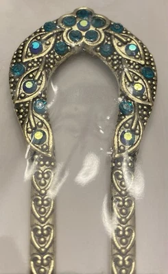 NEW & SEALED 5” Silver Tone Blues & Green Jeweled Two Prong Hair Pick Fork - Image 1 of 3