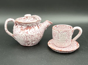 Vintage Cole Pottery NC Folk Art Individual Teapot Cup Saucer Set - Neolia *A* - Picture 1 of 24