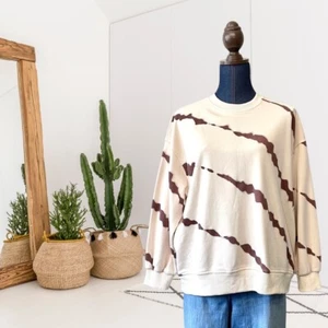 She + Sky Women's S Abstract Slash Marble Print Sweatshirt Relaxed Fit Beige - Picture 1 of 11