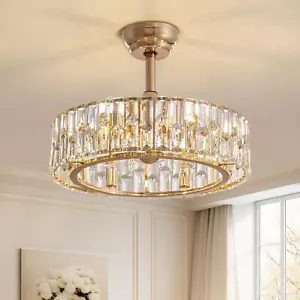 19.7 Inch Gold Caged Ceiling Fan with Light, 6 Lights Modern Crystal Chandelier - Picture 1 of 9