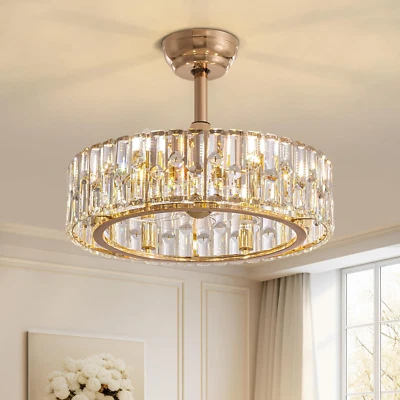 19.7 Inch Gold Caged Ceiling Fan with Light, 6 Lights Modern Crystal Chandelier  - Image 1 of 4