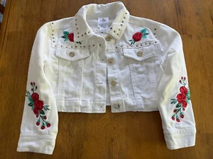 Disney Beauty And The Beast Embroidered White Denim Jacket Belle Child Size 4 - Picture 1 of 6