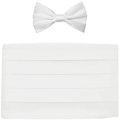 NEW in box Men's formal 100% SILK Cummerbund, bowtie set solid WHITE wedding  - Image 1 of 4